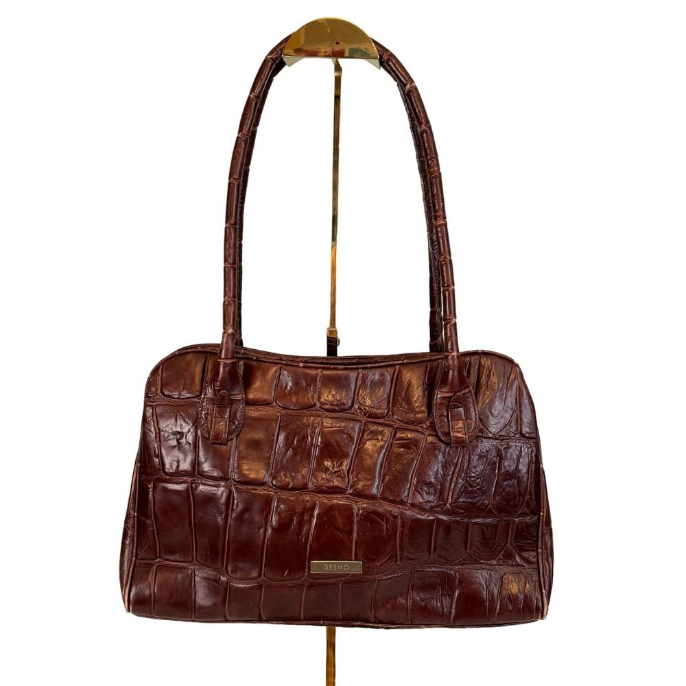 DESMO Vintage Satchel Italian Shoulder Bag Crocs Embossed Leather Brown Italy